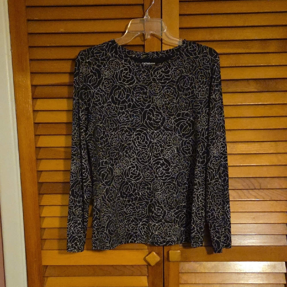 Liz Claiborne Black and White Floral Long Sleeve Top